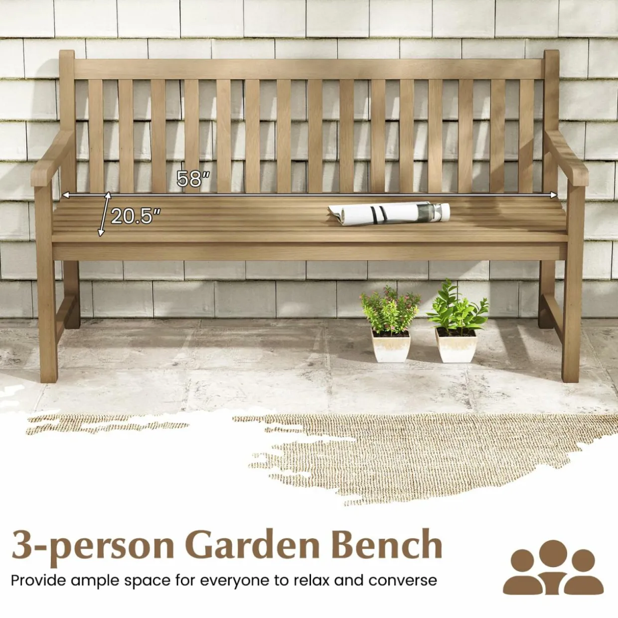 Tangkula 62" Outdoor Teak Wood Bench, 3-Person Garden Patio Bench with Backrest