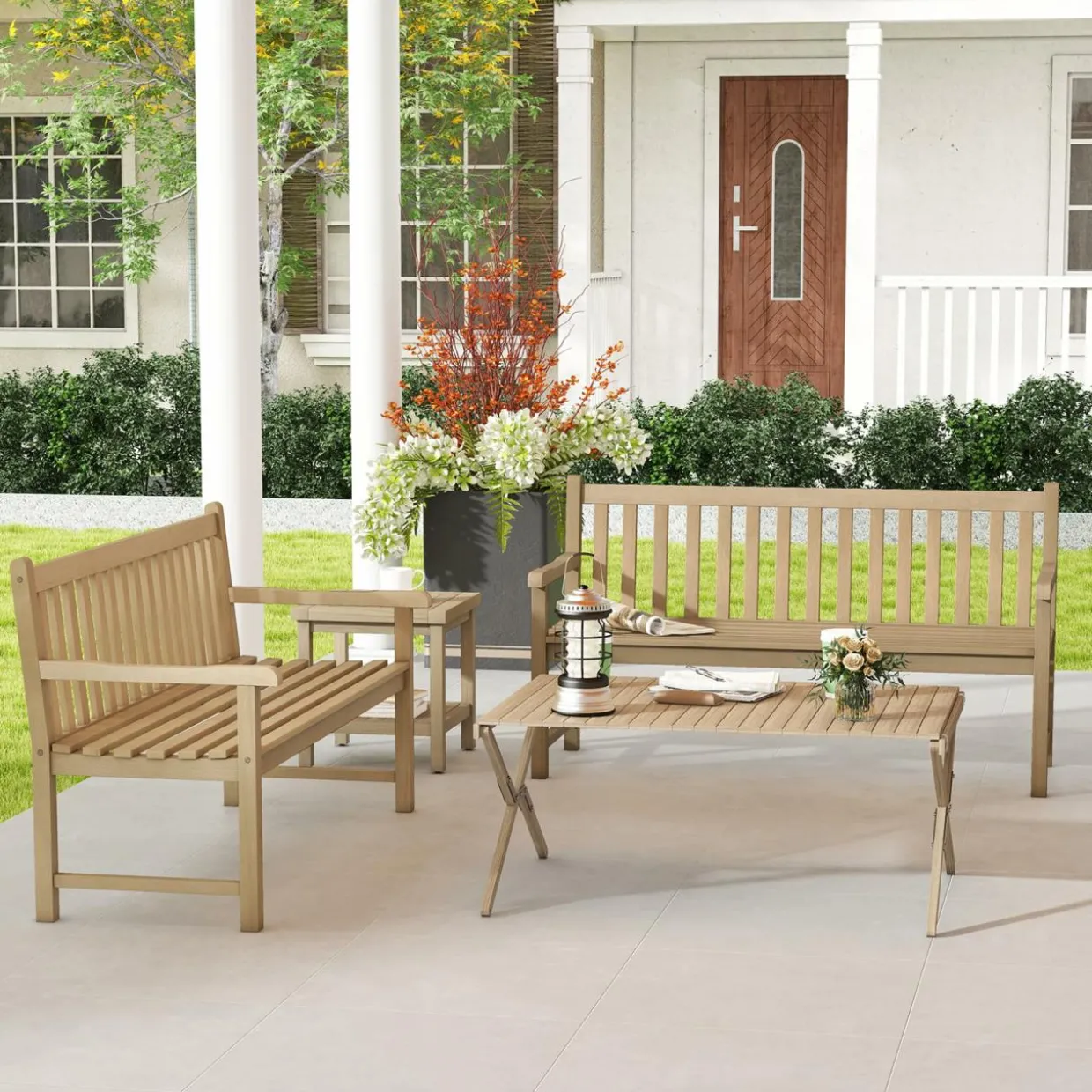 Tangkula 62" Outdoor Teak Wood Bench, 3-Person Garden Patio Bench with Backrest