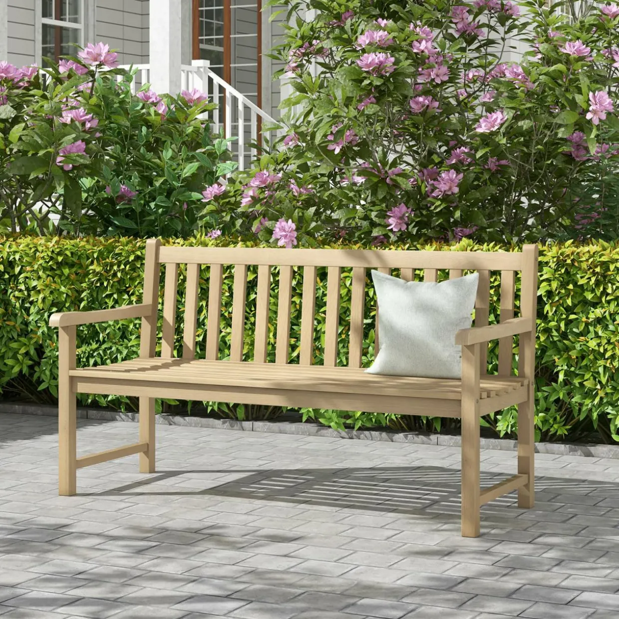 Tangkula 62" Outdoor Teak Wood Bench, 3-Person Garden Patio Bench with Backrest