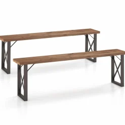 Tangkula 2 Pack Acacia Wood Outdoor Bench, 59 Inches Patio Bench with Metal Frame, 800 LBS Max Load