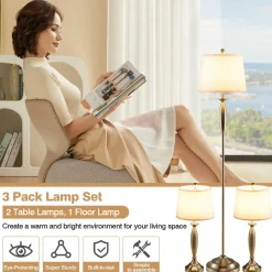 Tangkula 3 Pack Lamp Set, 2 Table Lamps & 1 Floor Lamp, 3-Piece Modern Lamp Set (Nickle)