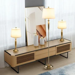 Tangkula 3 Pack Lamp Set, 2 Table Lamps & 1 Floor Lamp, 3-Piece Modern Lamp Set (Nickle)