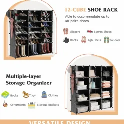 Tangkula 48 Pairs Shoe Rack Organizer, 12-Cube Shoe Storage Cabinet with Removable Shelf