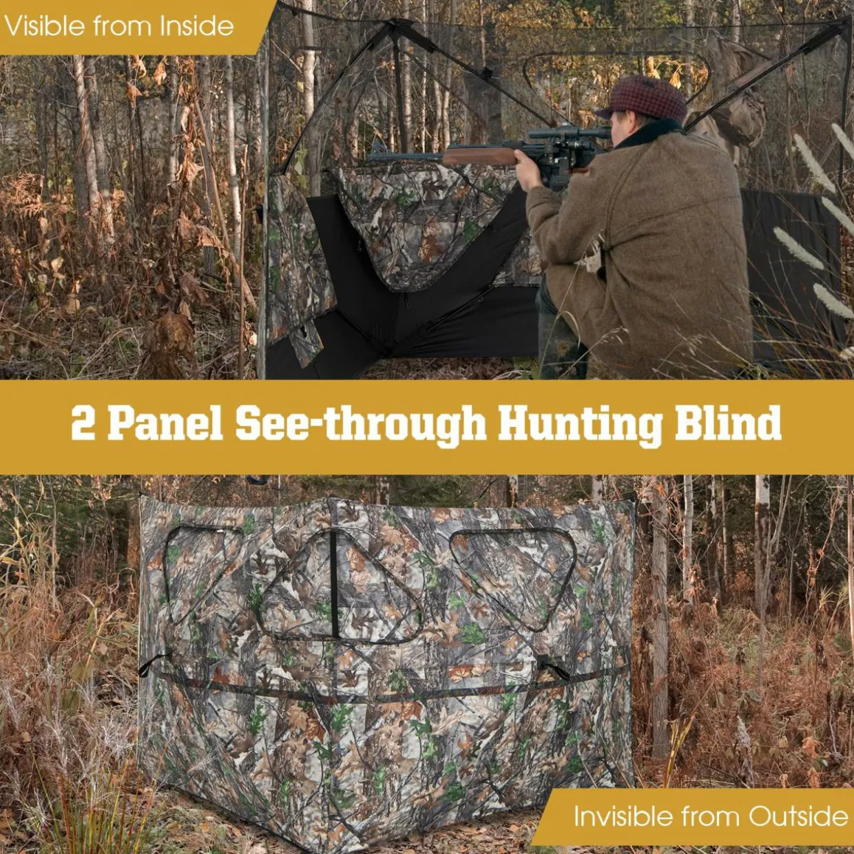 Tangkula 2 Panel Stakeout Hunting Blind, See Through Ground Blind with 3 Shoot Through Ports & 2 Storage Pockets