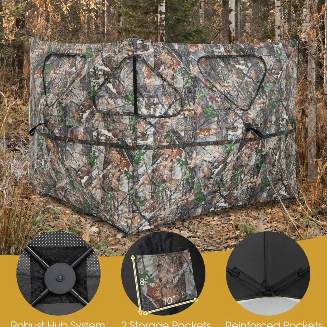 Tangkula 2 Panel Stakeout Hunting Blind, See Through Ground Blind with 3 Shoot Through Ports & 2 Storage Pockets