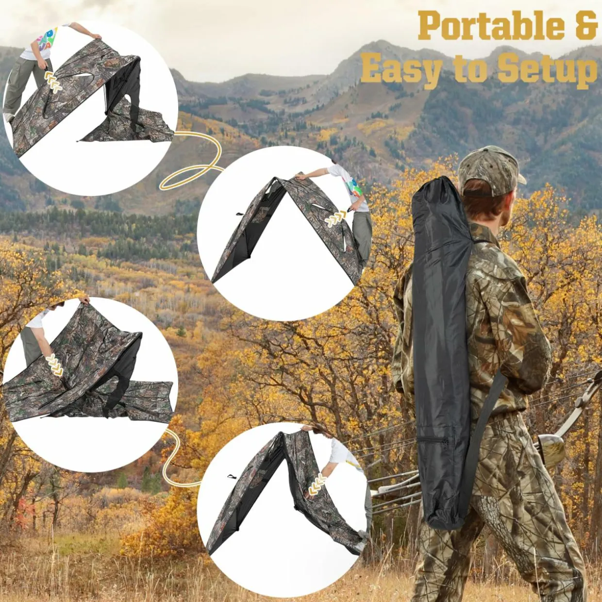 Tangkula 2 Panel Stakeout Hunting Blind, See Through Ground Blind with 3 Shoot Through Ports & 2 Storage Pockets
