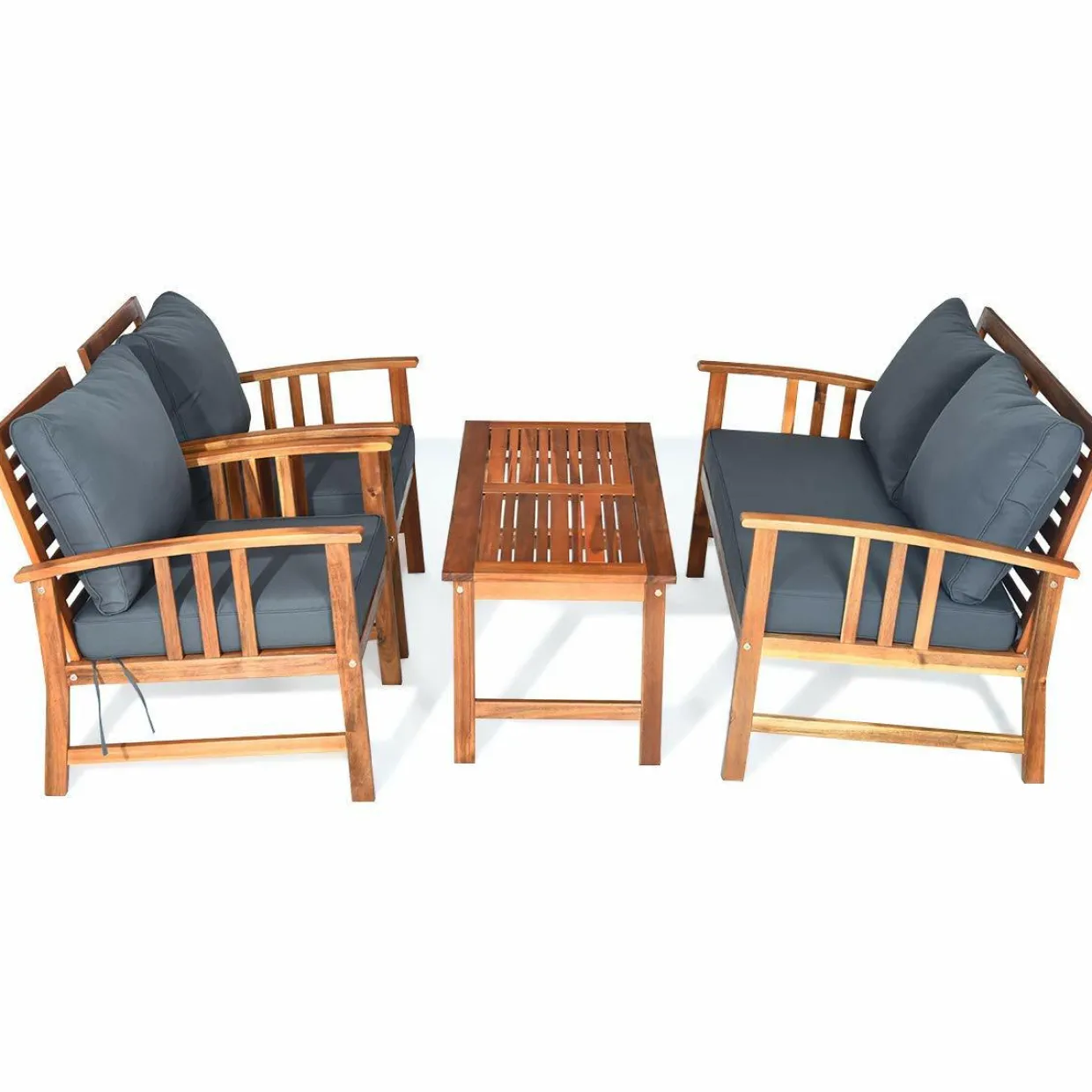 Tangkula 4 PCS Acacia Wood Patio Furniture Set, Outdoor Seating Chat Set with Gray Cushions & Back Pillow