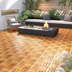 Tangkula 27 PCS Acacia Wood Interlocking Patio Deck Tiles, 12" x 12" Water-Resistant Indoor Outdoor Flooring