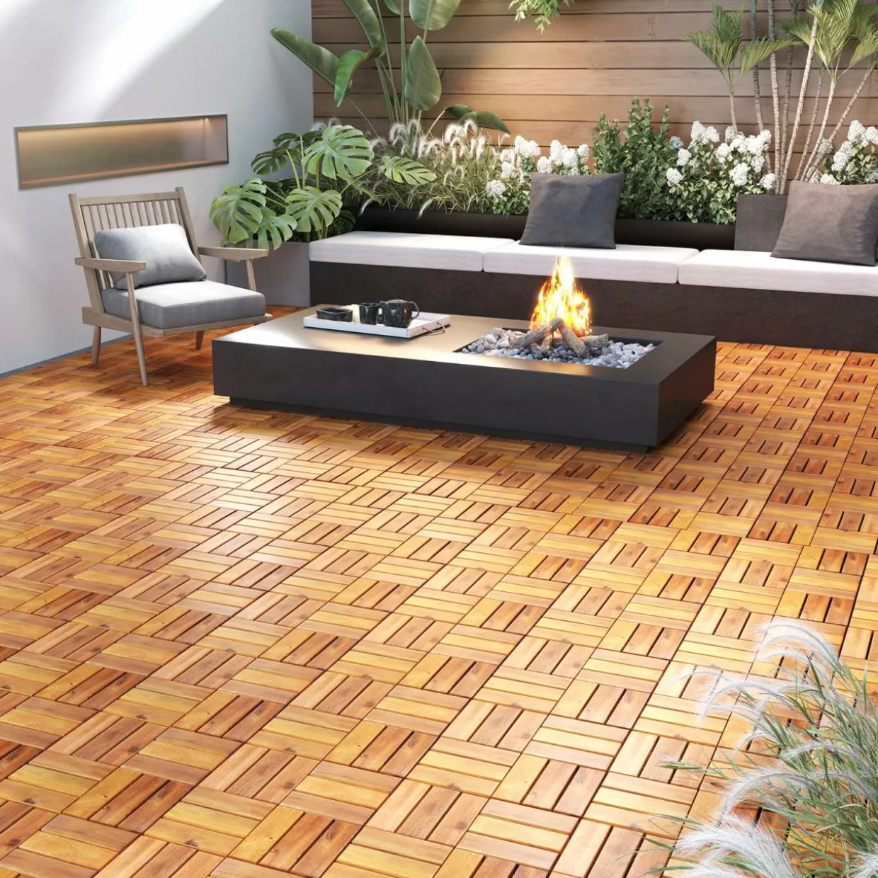 Tangkula 27 PCS Acacia Wood Interlocking Patio Deck Tiles, 12" x 12" Water-Resistant Indoor Outdoor Flooring