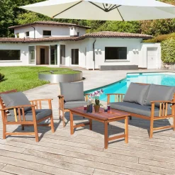 Tangkula 4 PCS Acacia Wood Patio Furniture Set, Outdoor Seating Chat Set with Gray Cushions & Back Pillow