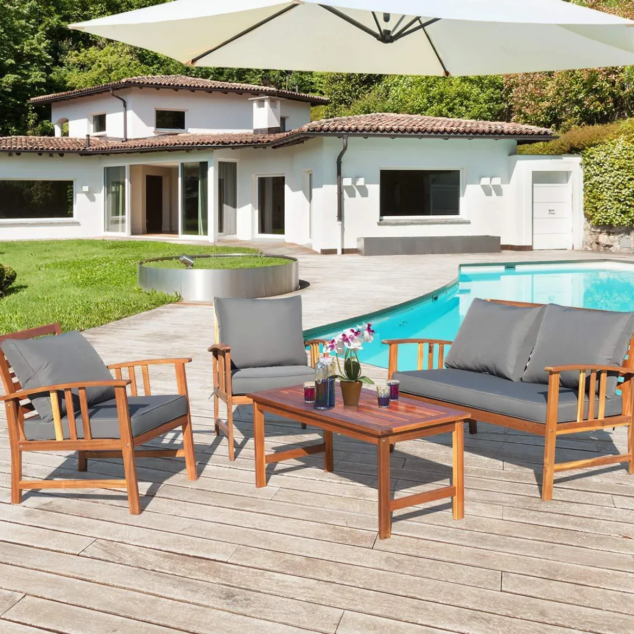 Tangkula 4 PCS Acacia Wood Patio Furniture Set, Outdoor Seating Chat Set with Gray Cushions & Back Pillow
