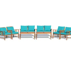 Tangkula 4 PCS Acacia Wood Patio Furniture Set, Outdoor Seating Chat Set with Gray Cushions & Back Pillow