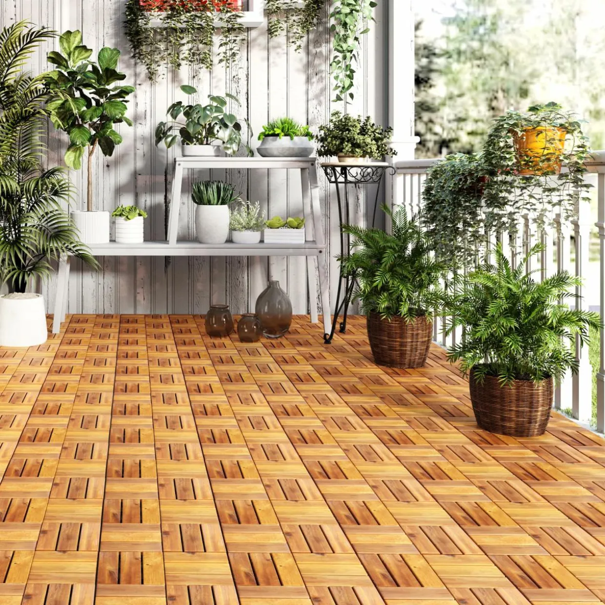 Tangkula 27 PCS Acacia Wood Interlocking Patio Deck Tiles, 12" x 12" Water-Resistant Indoor Outdoor Flooring
