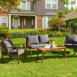 Tangkula 4 PCS Acacia Wood Patio Furniture Set, Outdoor Seating Chat Set with Gray Cushions & Back Pillow