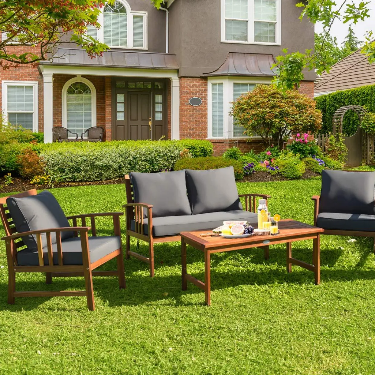 Tangkula 4 PCS Acacia Wood Patio Furniture Set, Outdoor Seating Chat Set with Gray Cushions & Back Pillow