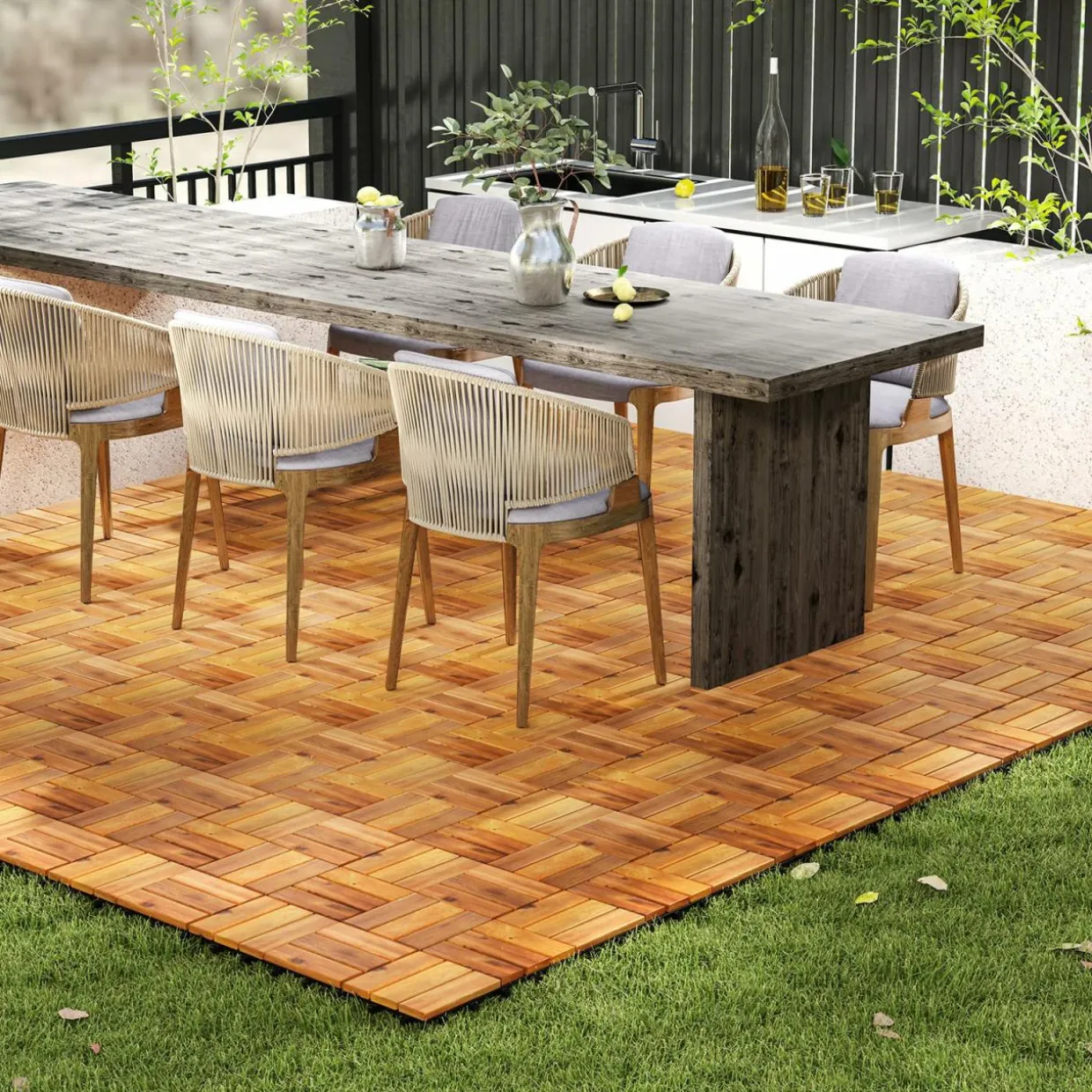 Tangkula 27 PCS Acacia Wood Interlocking Patio Deck Tiles, 12" x 12" Water-Resistant Indoor Outdoor Flooring