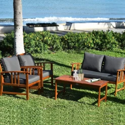 Tangkula 4 PCS Acacia Wood Patio Furniture Set, Outdoor Seating Chat Set with Gray Cushions & Back Pillow