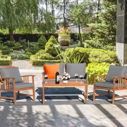 Tangkula 4 PCS Acacia Wood Patio Furniture Set, Outdoor Seating Chat Set with Gray Cushions & Back Pillow