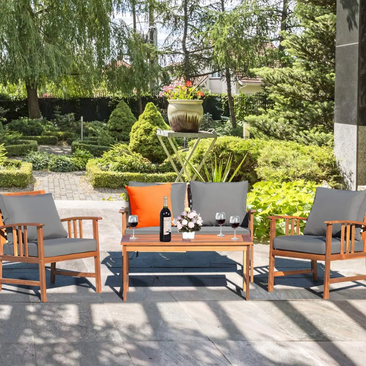 Tangkula 4 PCS Acacia Wood Patio Furniture Set, Outdoor Seating Chat Set with Gray Cushions & Back Pillow