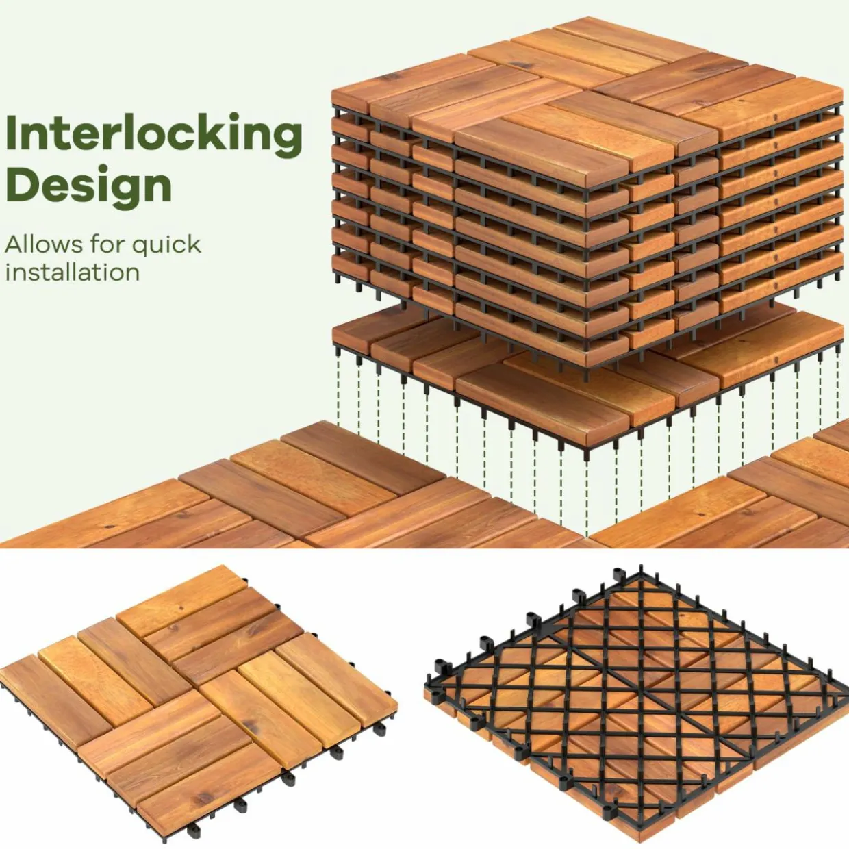 Tangkula 27 PCS Acacia Wood Interlocking Patio Deck Tiles, 12" x 12" Water-Resistant Indoor Outdoor Flooring
