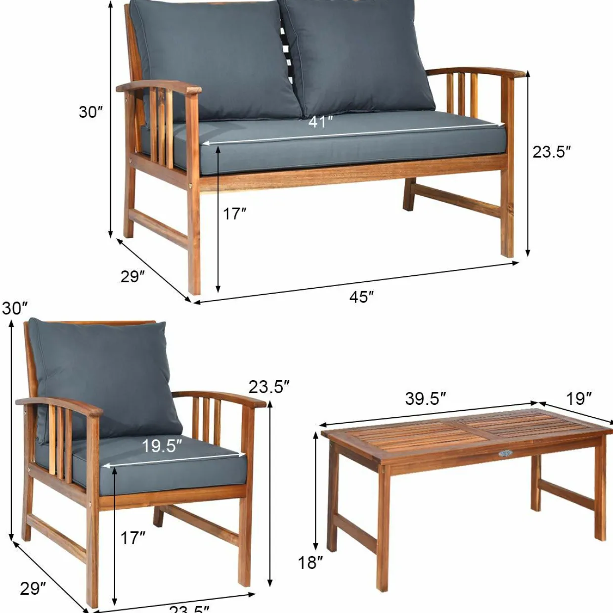 Tangkula 4 PCS Acacia Wood Patio Furniture Set, Outdoor Seating Chat Set with Gray Cushions & Back Pillow