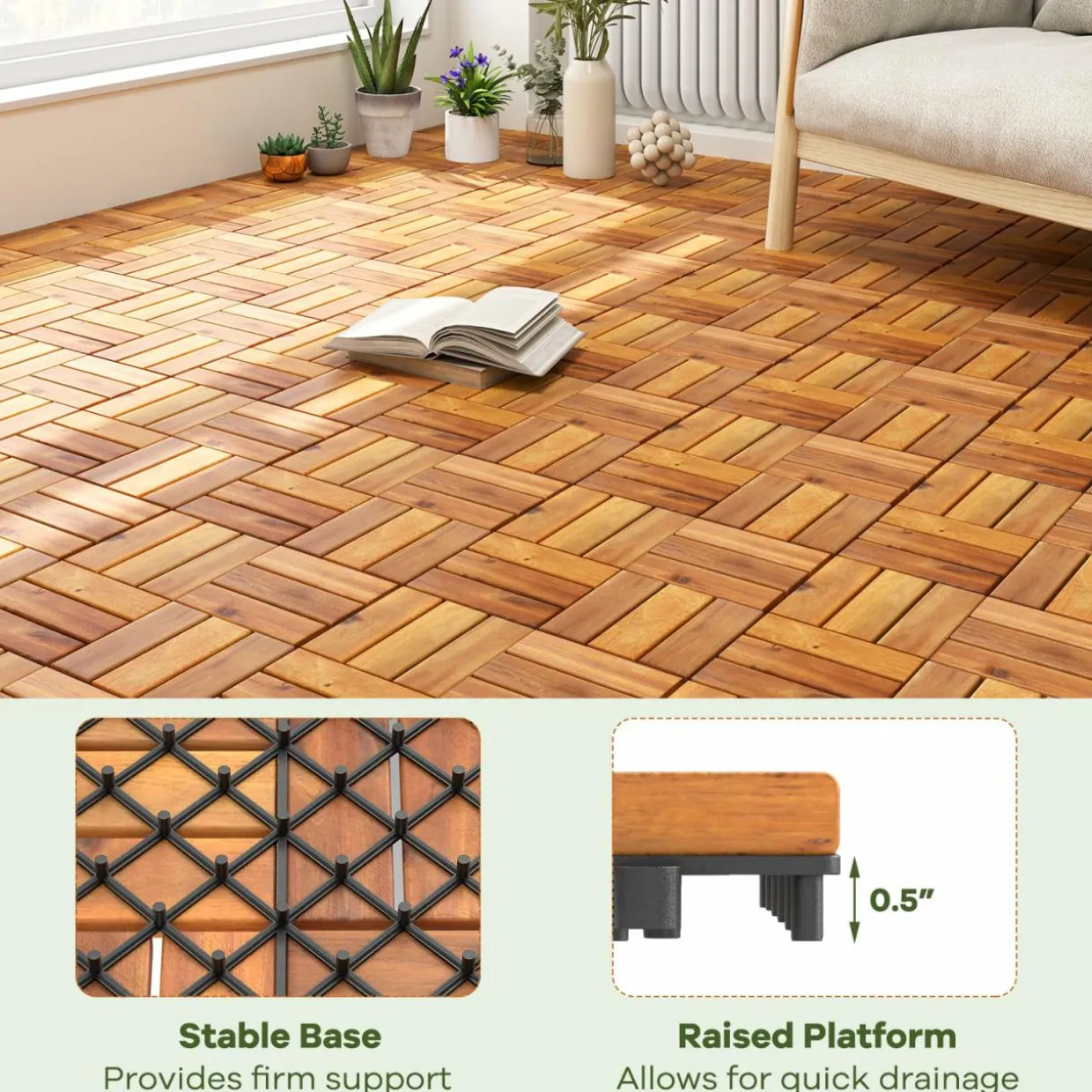 Tangkula 27 PCS Acacia Wood Interlocking Patio Deck Tiles, 12" x 12" Water-Resistant Indoor Outdoor Flooring