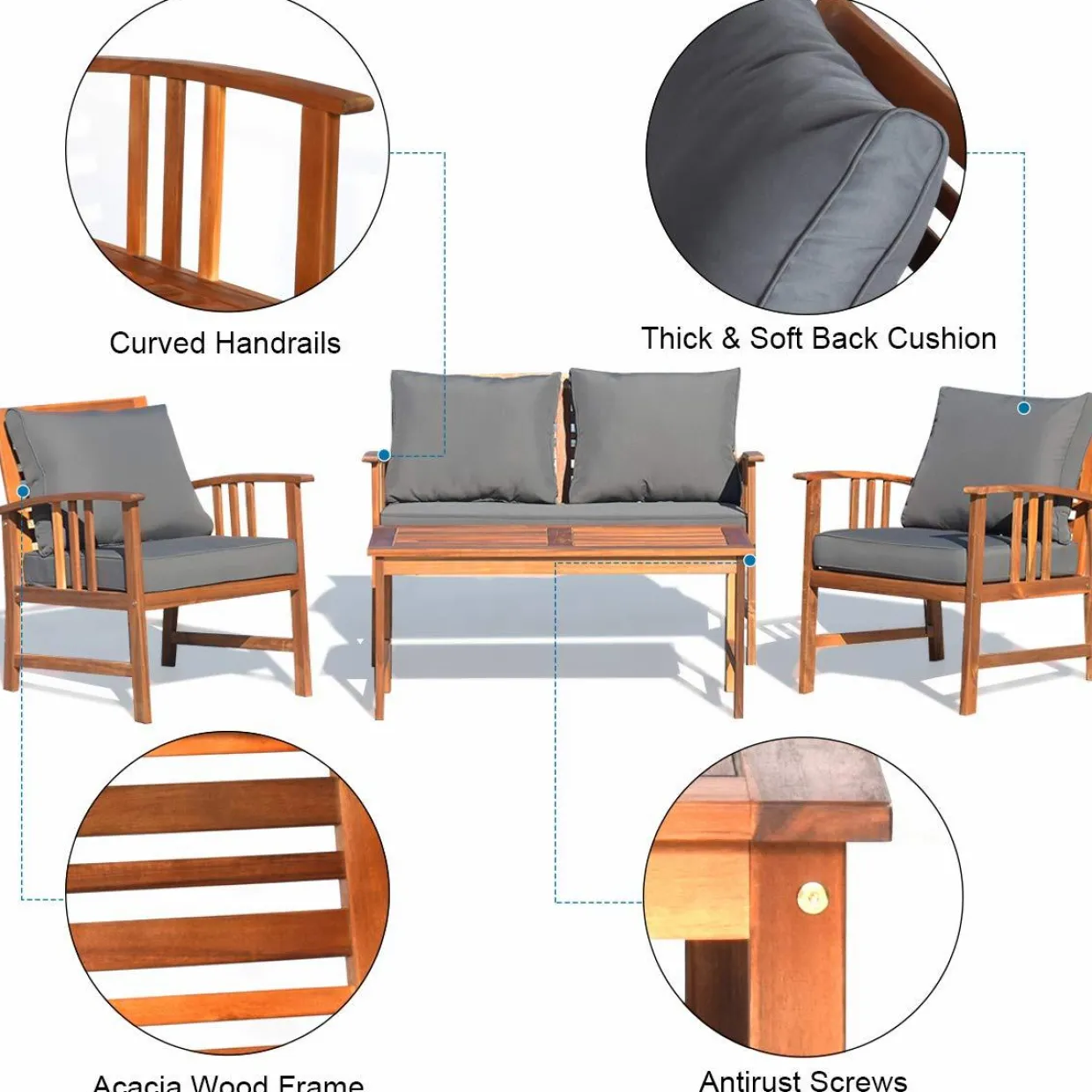 Tangkula 4 PCS Acacia Wood Patio Furniture Set, Outdoor Seating Chat Set with Gray Cushions & Back Pillow