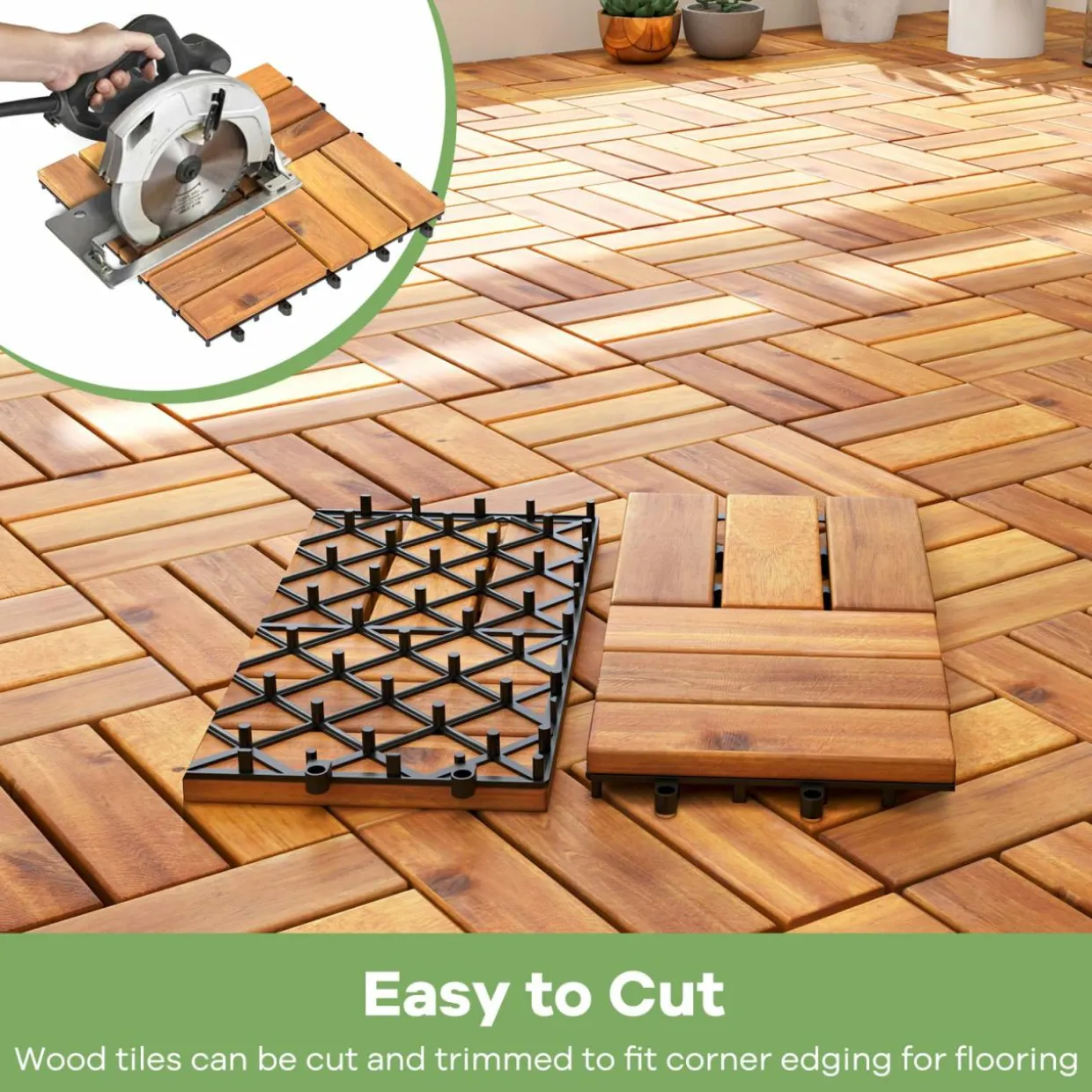 Tangkula 27 PCS Acacia Wood Interlocking Patio Deck Tiles, 12" x 12" Water-Resistant Indoor Outdoor Flooring