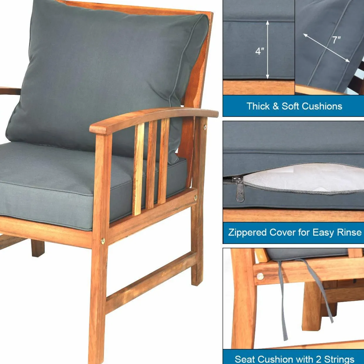 Tangkula 4 PCS Acacia Wood Patio Furniture Set, Outdoor Seating Chat Set with Gray Cushions & Back Pillow