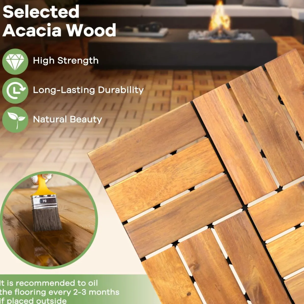 Tangkula 27 PCS Acacia Wood Interlocking Patio Deck Tiles, 12" x 12" Water-Resistant Indoor Outdoor Flooring