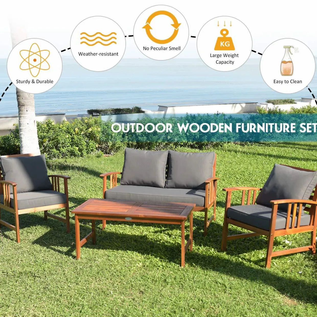 Tangkula 4 PCS Acacia Wood Patio Furniture Set, Outdoor Seating Chat Set with Gray Cushions & Back Pillow