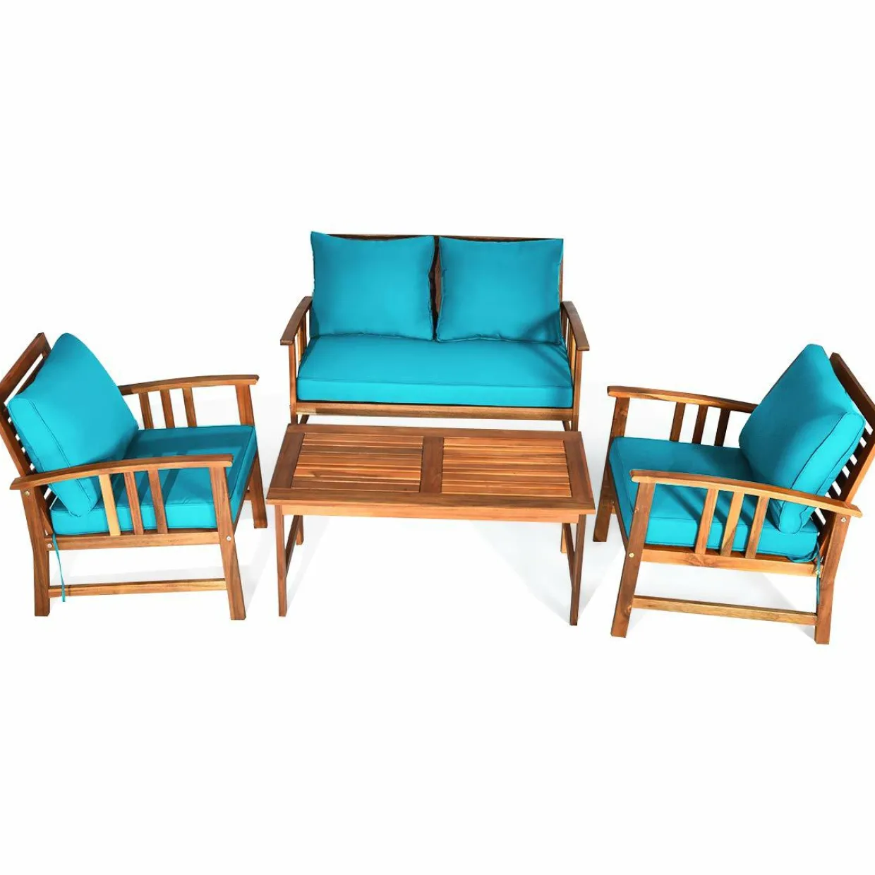 Tangkula 4 PCS Acacia Wood Patio Furniture Set, Outdoor Seating Chat Set with Gray Cushions & Back Pillow