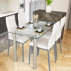 Tangkula 5 PCS Dining Table Set Modern Tempered Glass Top and PVC Leather Chair
