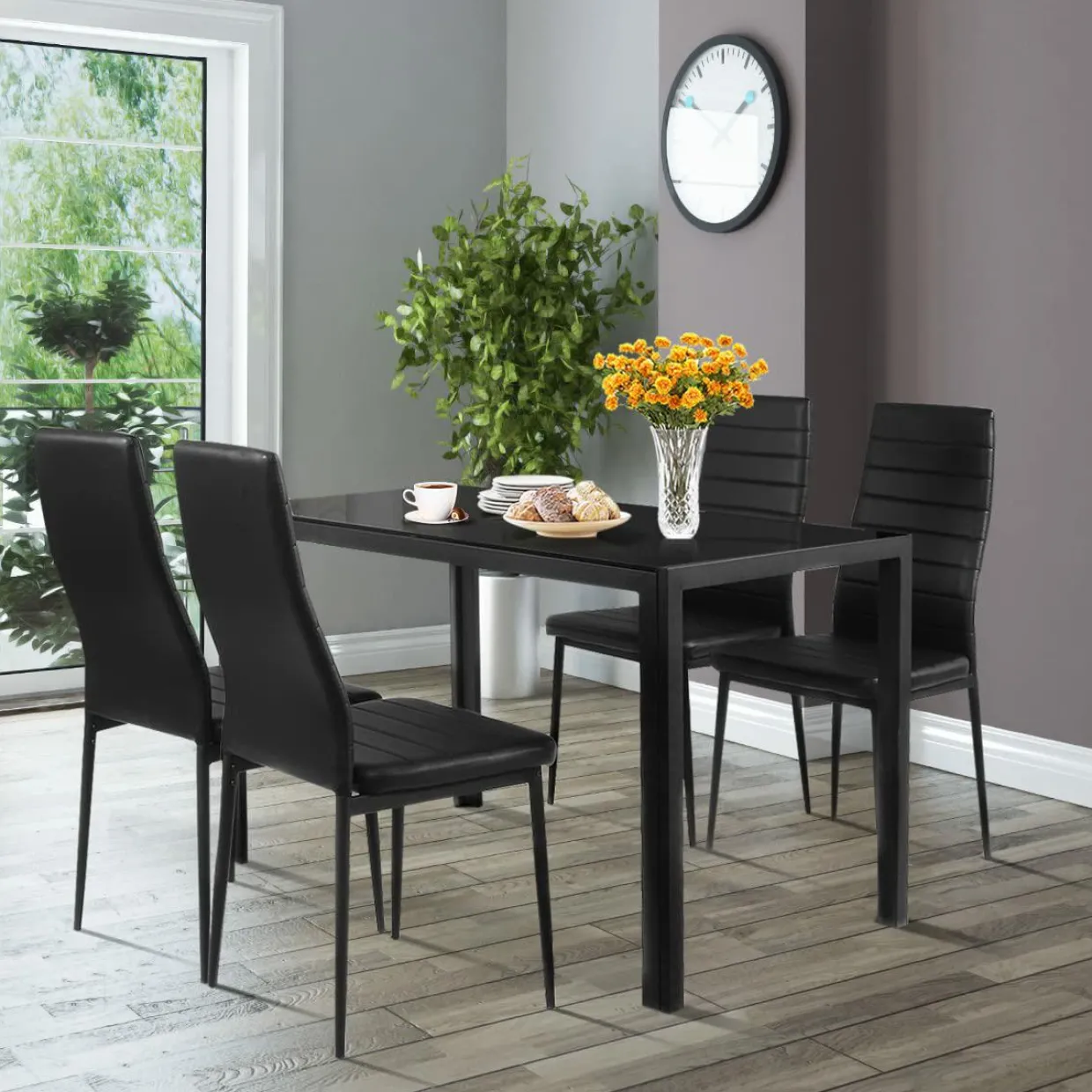 Tangkula 5 PCS Dining Table Set Modern Tempered Glass Top and PVC Leather Chair