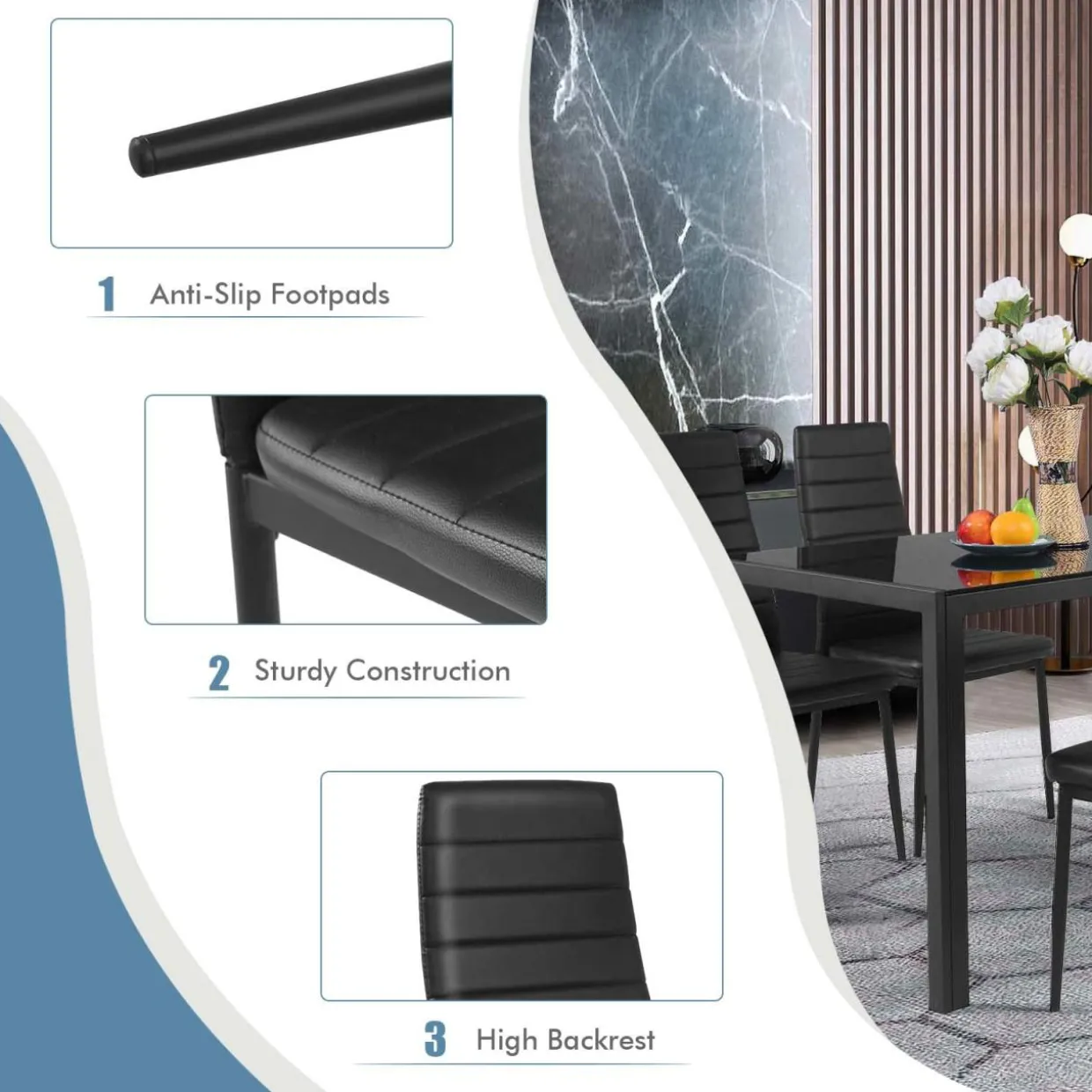 Tangkula 5 PCS Dining Table Set Modern Tempered Glass Top and PVC Leather Chair