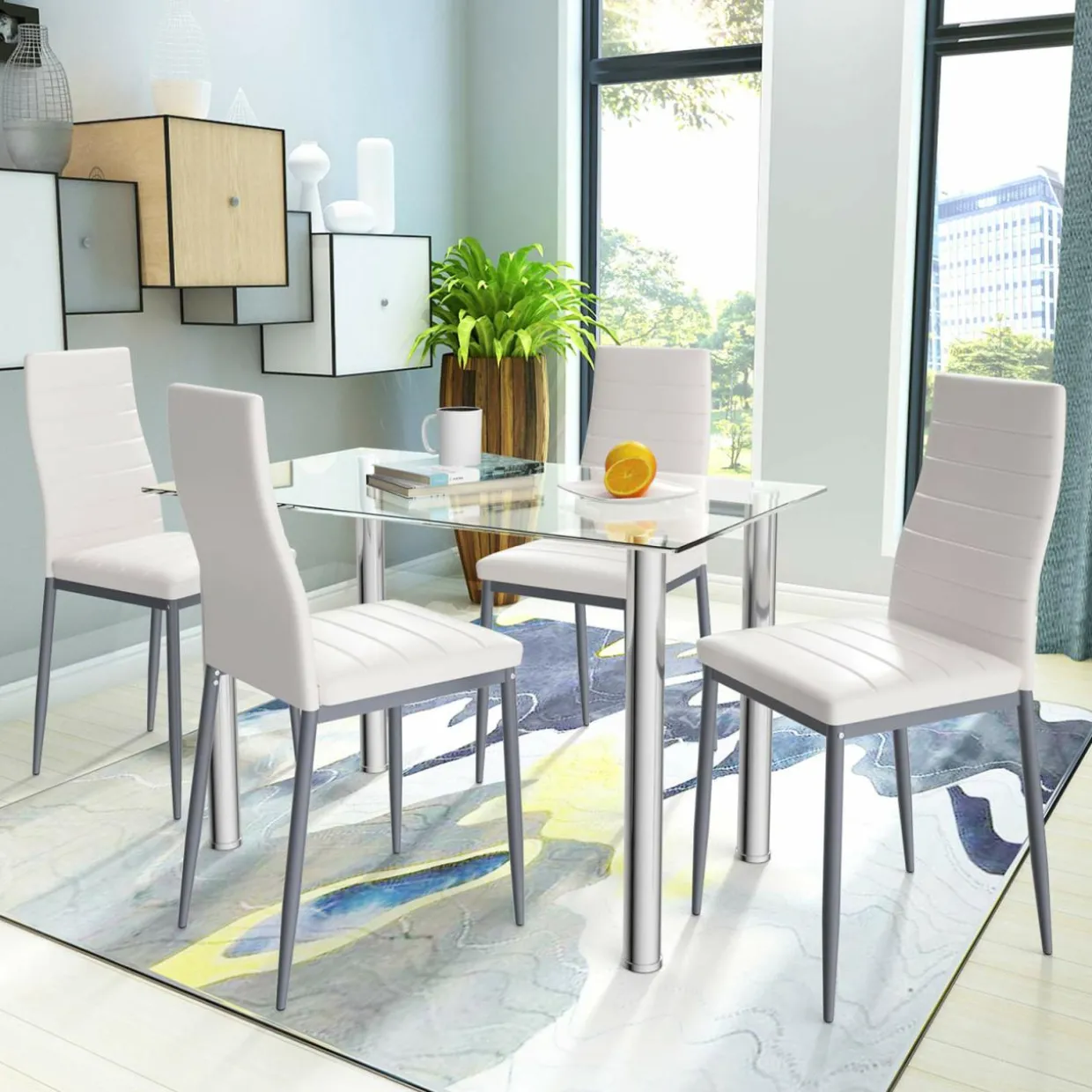 Tangkula 5 PCS Dining Table Set Modern Tempered Glass Top and PVC Leather Chair