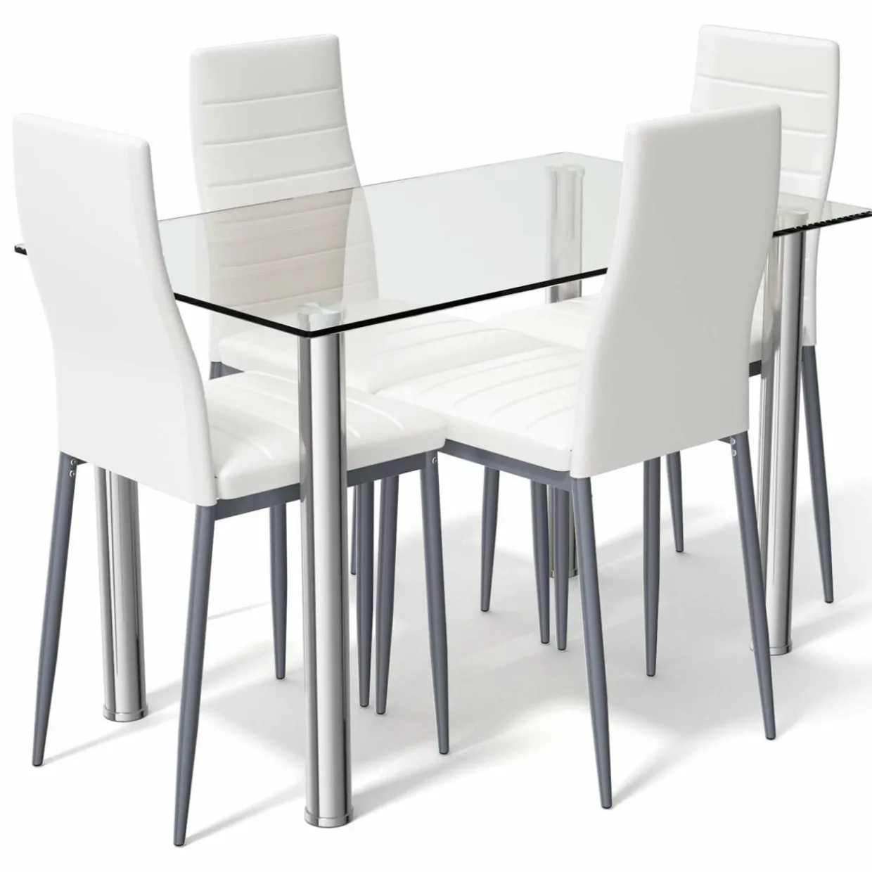 Tangkula 5 PCS Dining Table Set Modern Tempered Glass Top and PVC Leather Chair