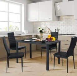 Tangkula 5 PCS Dining Table Set Modern Tempered Glass Top and PVC Leather Chair