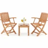 Tangkula 3 PCS Eucalyptus Wood Patio Bistro Set, Wooden Adirondack Side Table with 2 Folding Arm Chairs