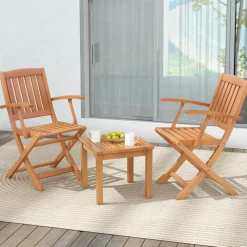 Tangkula 3 PCS Eucalyptus Wood Patio Bistro Set, Wooden Adirondack Side Table with 2 Folding Arm Chairs