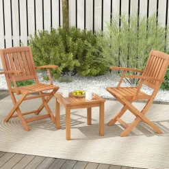 Tangkula 3 PCS Eucalyptus Wood Patio Bistro Set, Wooden Adirondack Side Table with 2 Folding Arm Chairs