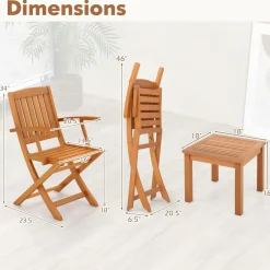 Tangkula 3 PCS Eucalyptus Wood Patio Bistro Set, Wooden Adirondack Side Table with 2 Folding Arm Chairs