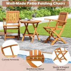Tangkula 3 PCS Eucalyptus Wood Patio Bistro Set, Wooden Adirondack Side Table with 2 Folding Arm Chairs