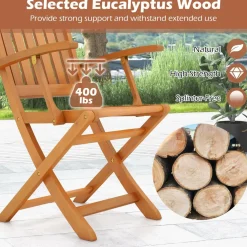 Tangkula 3 PCS Eucalyptus Wood Patio Bistro Set, Wooden Adirondack Side Table with 2 Folding Arm Chairs