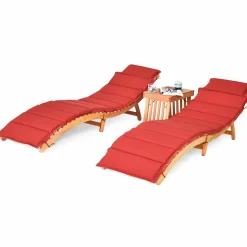 Tangkula 3 Pcs Folding Patio Solid Eucalyptus Wood Lounge Chair Set (Red & White)