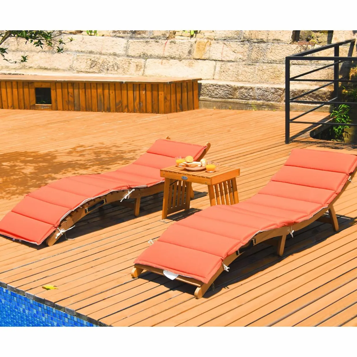 Tangkula 3 Pcs Folding Patio Solid Eucalyptus Wood Lounge Chair Set (Red & White)