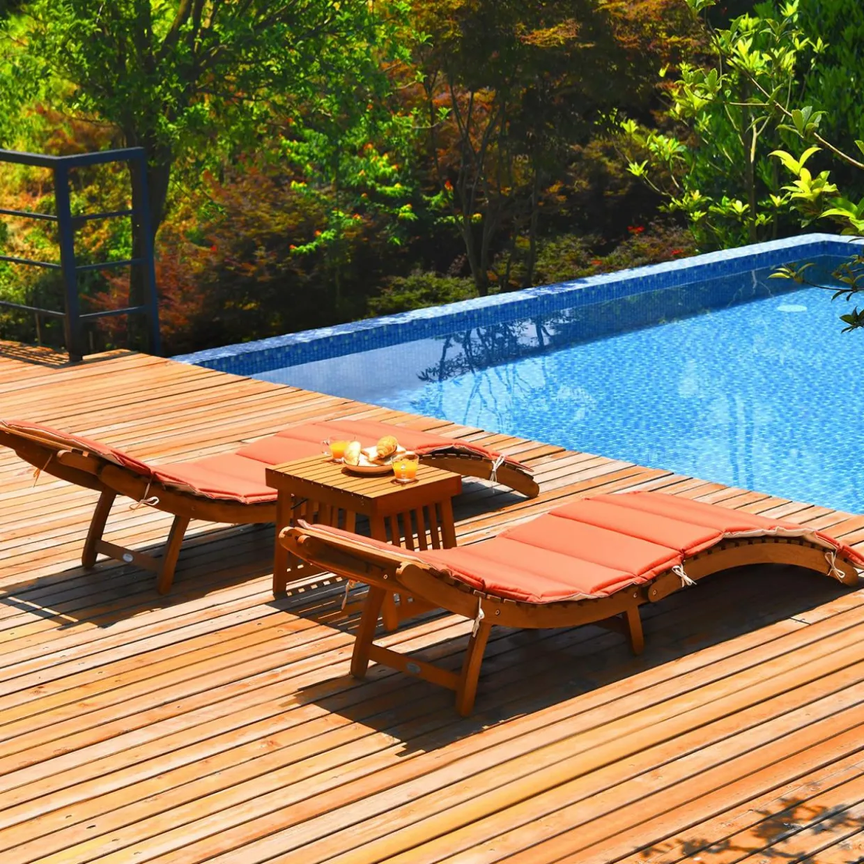 Tangkula 3 Pcs Folding Patio Solid Eucalyptus Wood Lounge Chair Set (Red & White)