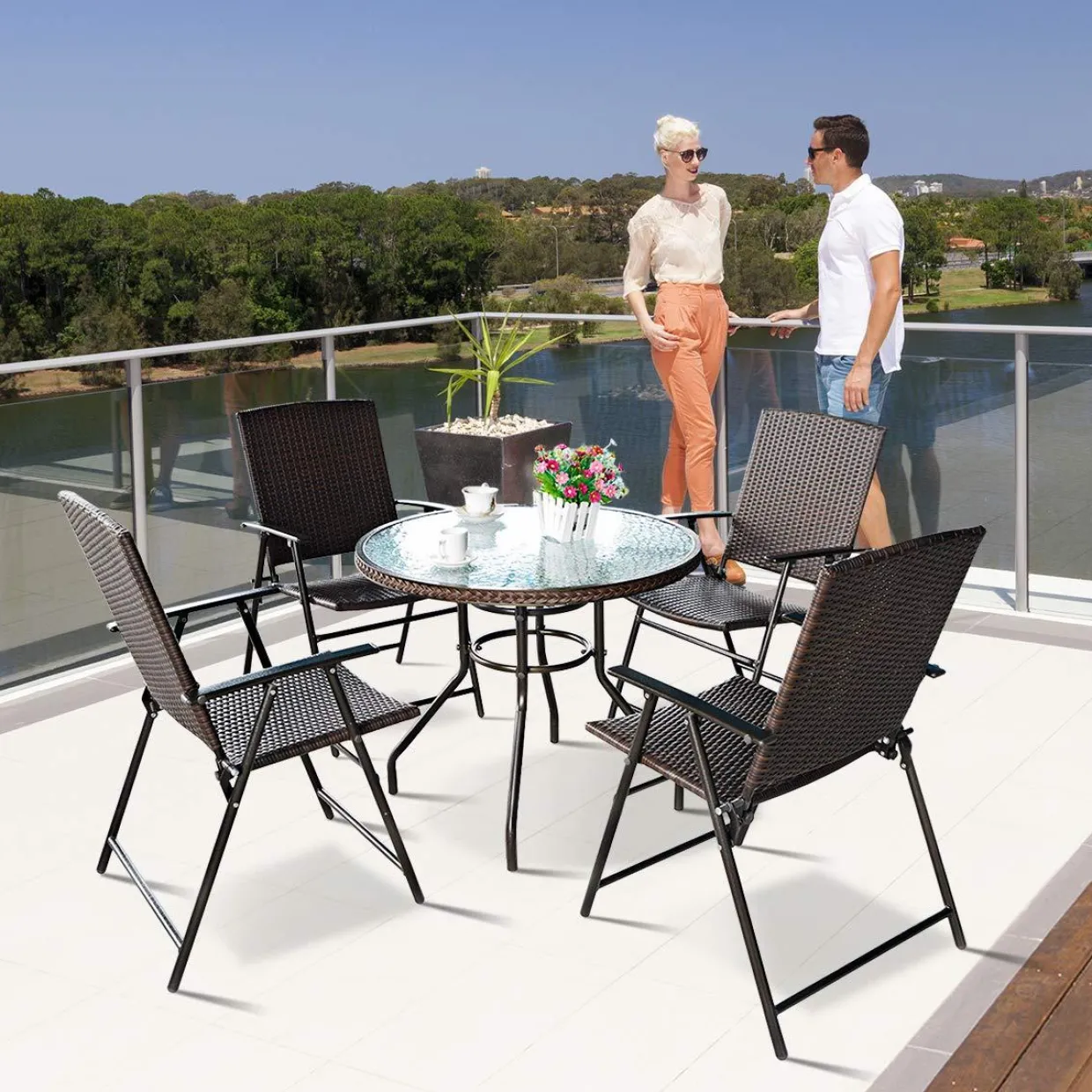 Tangkula 4 PCS Folding Patio Chair Set Outdoor Pool Lawn Portable Wicker Chair