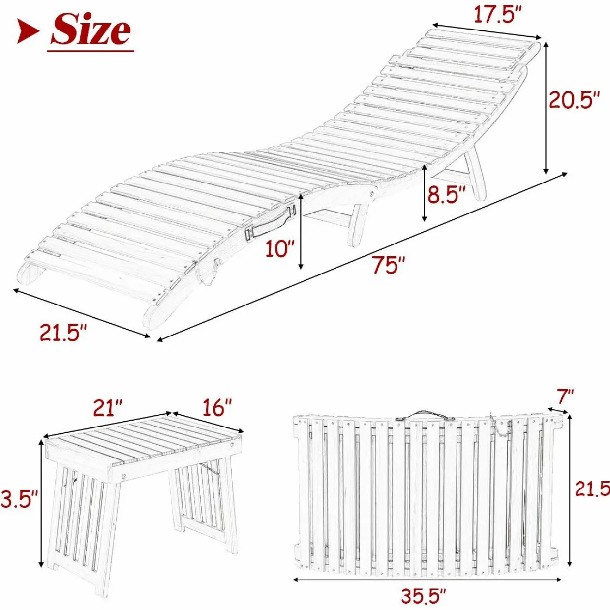 Tangkula 3 Pcs Folding Patio Solid Eucalyptus Wood Lounge Chair Set (Red & White)