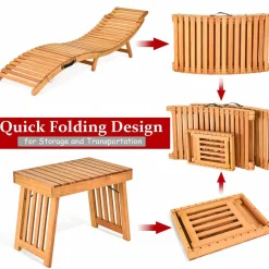 Tangkula 3 Pcs Folding Patio Solid Eucalyptus Wood Lounge Chair Set (Red & White)